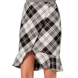 Intermix Ruffle Plaid  Wool  Midi Skirt